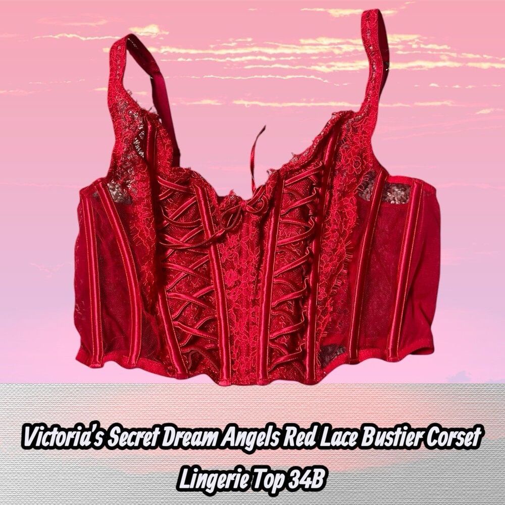 Preowned Victoria’s Secret Dream Angels Red Lace Bustier Corset Lingerie Top M